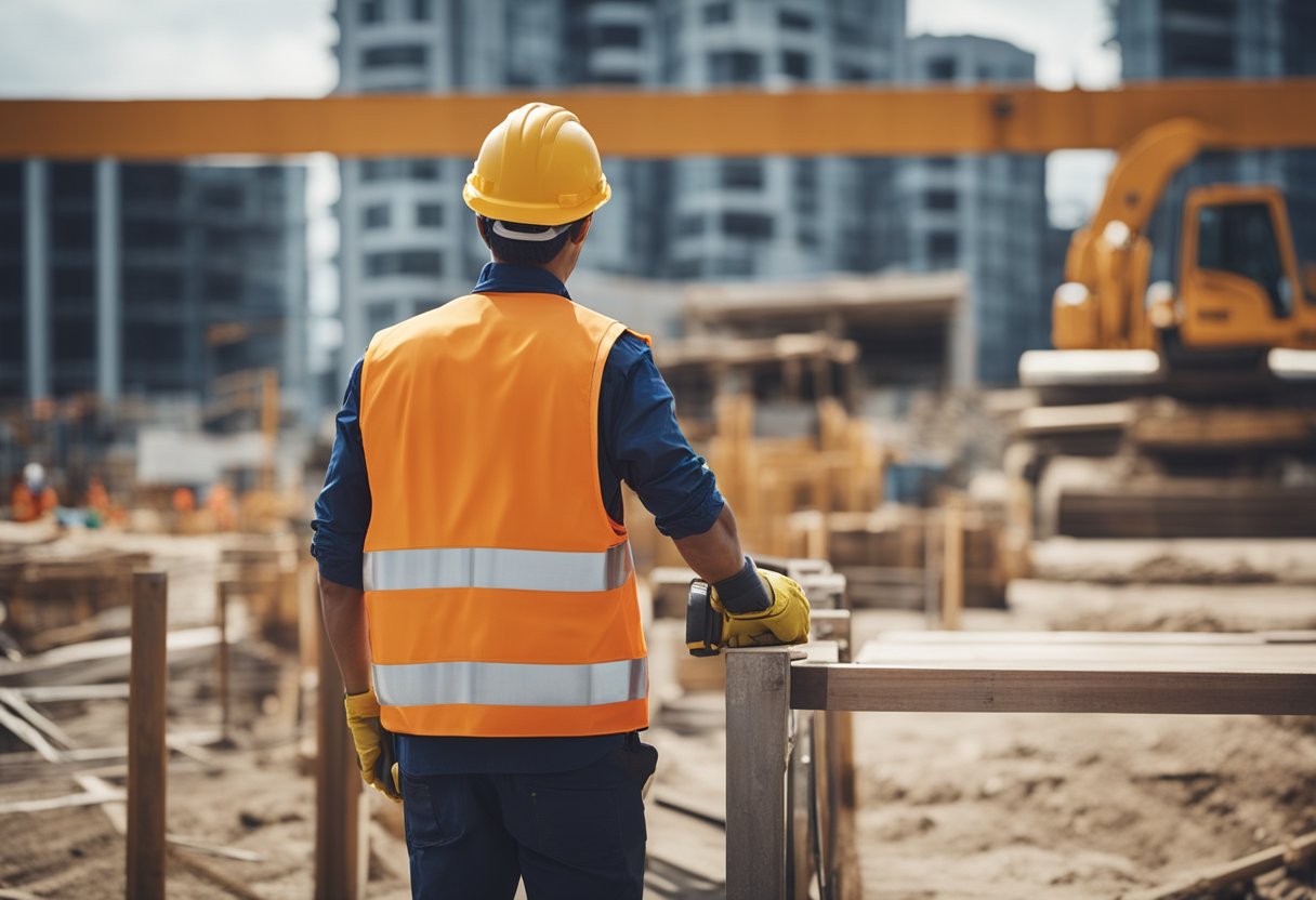Construction site with workers wearing safety gear, using equipment and following safety protocols. Signage displaying health and safety regulations