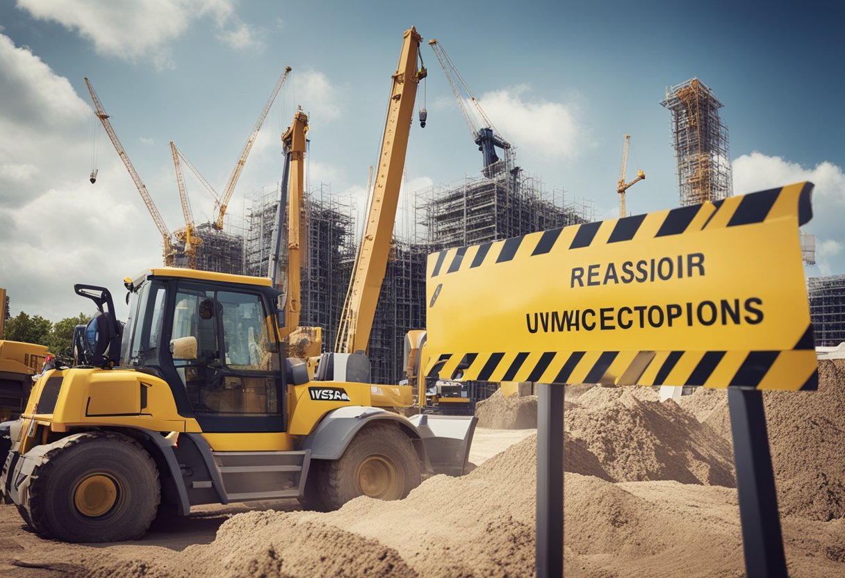 Construction site with workers in hard hats, operating heavy machinery. UK flag and visa sponsorship sign visible. Office with job offer letter and relocation documents