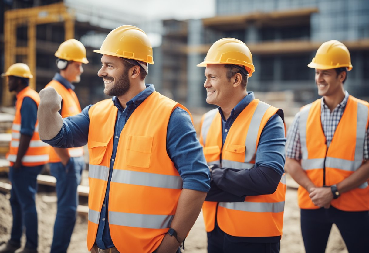 A group of construction workers with visa sponsorship signs discuss FAQs at a UK job site
