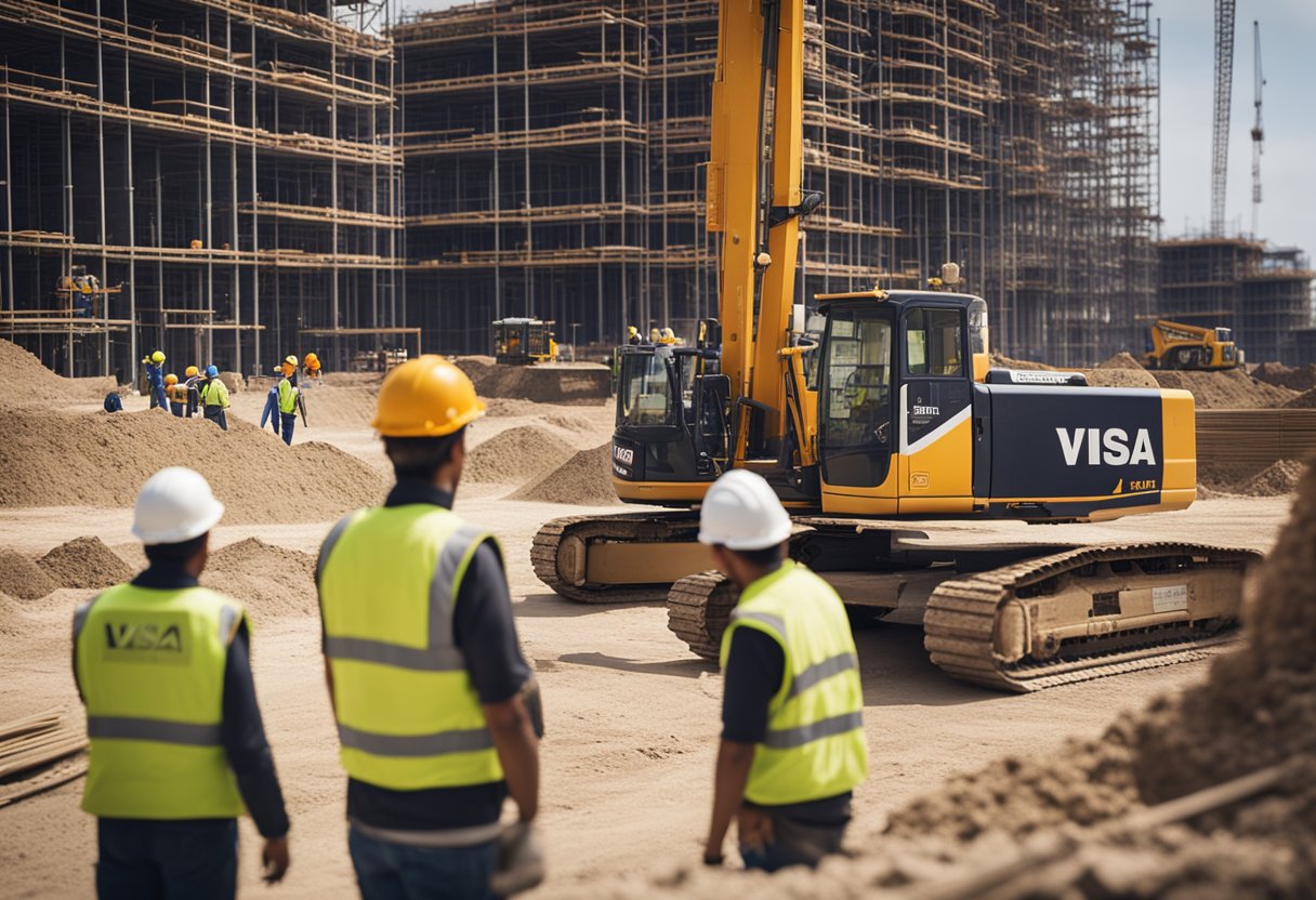 A bustling construction site with workers and equipment, featuring visible visa sponsorship signage