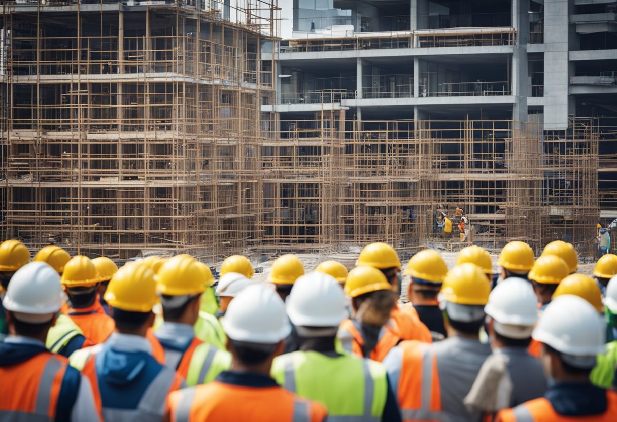 Construction site with innovative equipment and emerging sector logos. Visa sponsorship signs displayed. Busy workers in hard hats