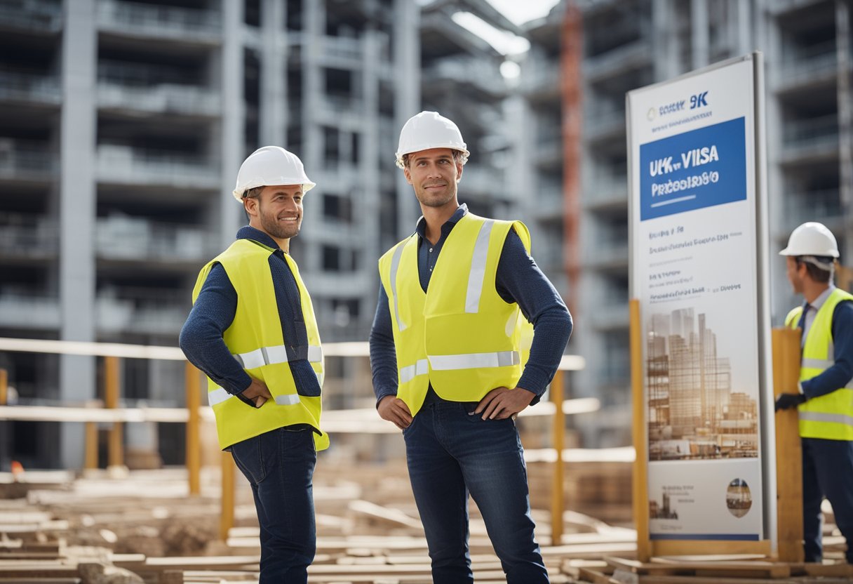 Construction site with workers and a UK visa sponsorship poster displayed prominently