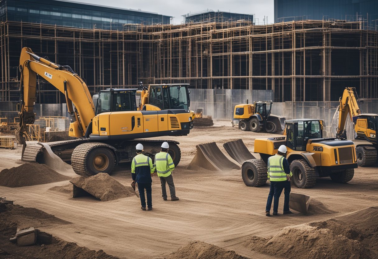 A bustling construction site in the UK, with various job opportunities and visa sponsorship advertised prominently