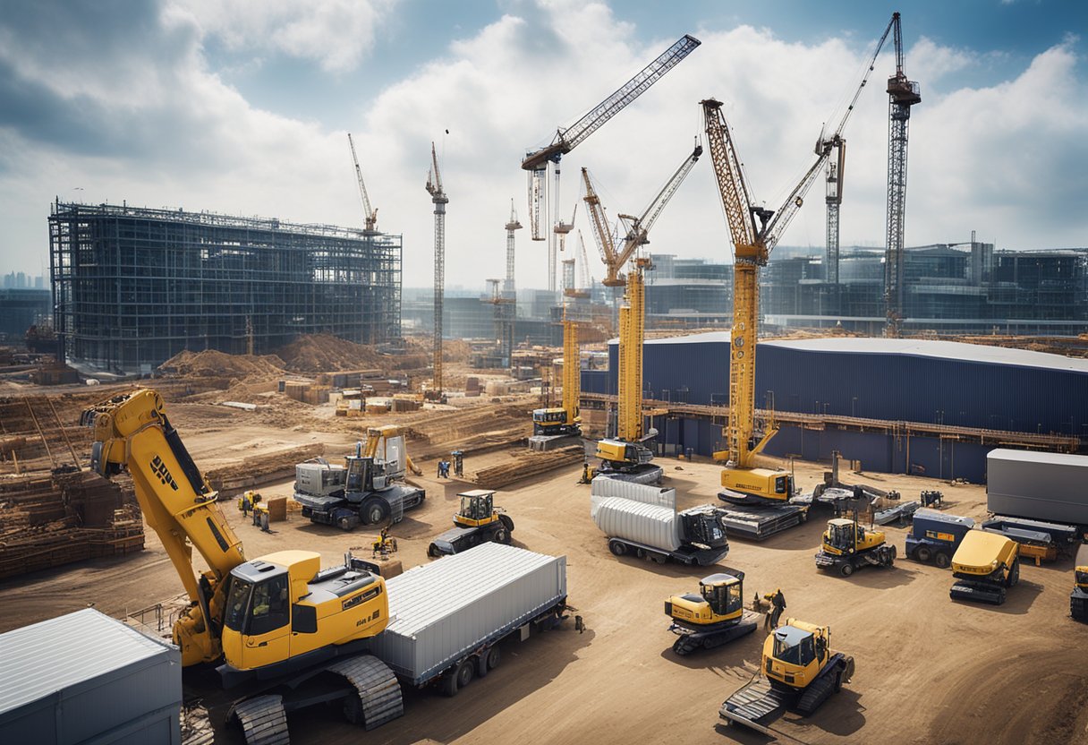 Construction sites bustling with activity, cranes lifting materials, workers in hard hats, and large machinery. Signs displaying "Regional Opportunities and Major Employers" with "Visa Sponsorship UK" prominently featured