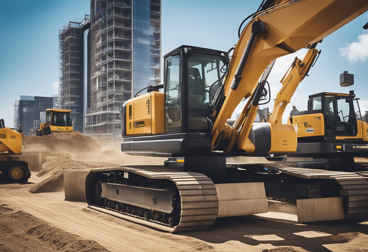 Construction site with workers operating heavy machinery under a clear blue sky. Visa sponsorship signs displayed prominently