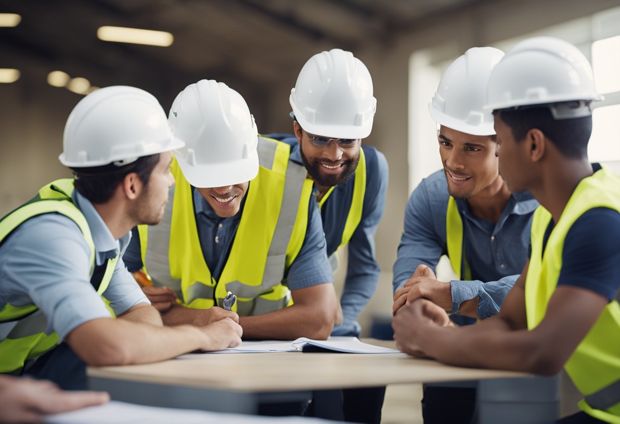 A group of trainee construction workers receiving instruction on benefits and compensation from a supervisor in a classroom setting