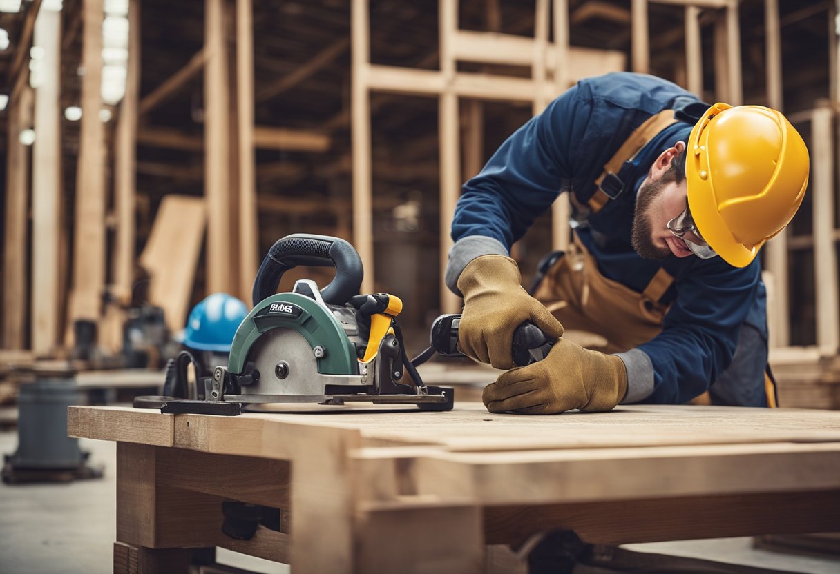 Various construction positions: carpenter, electrician, plumber, welder, and laborer. Each is equipped with tools and wearing safety gear