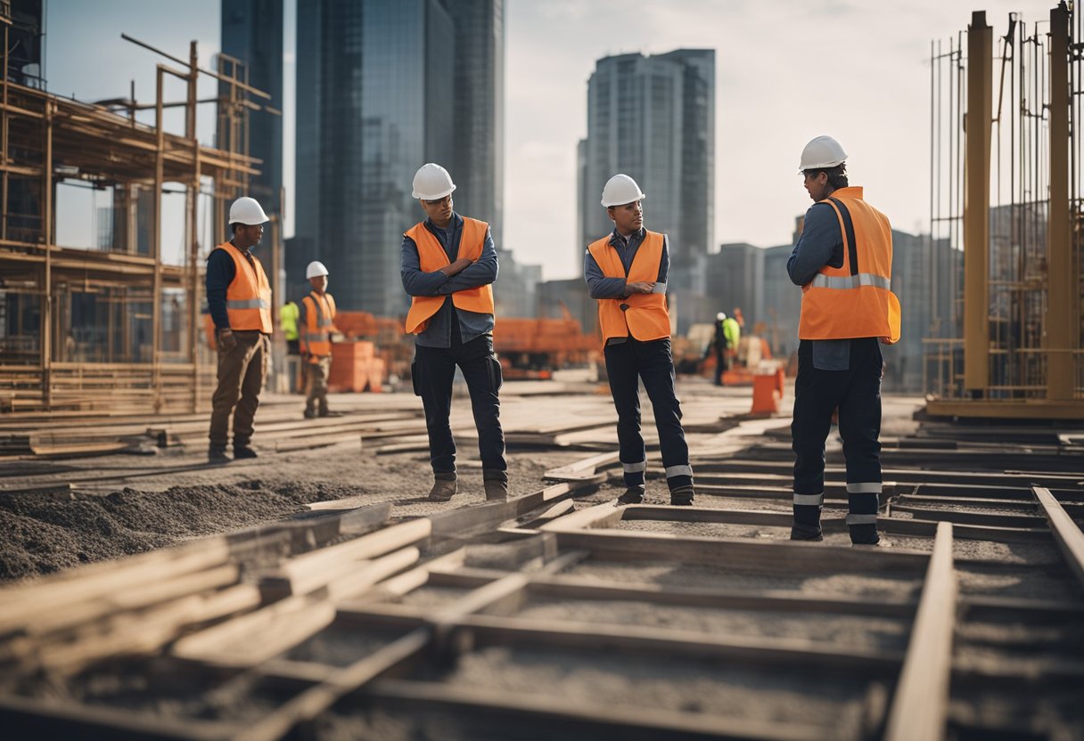 Construction site with workers wearing safety gear, heavy machinery, and materials. Signs displaying industry regulations and safety compliance