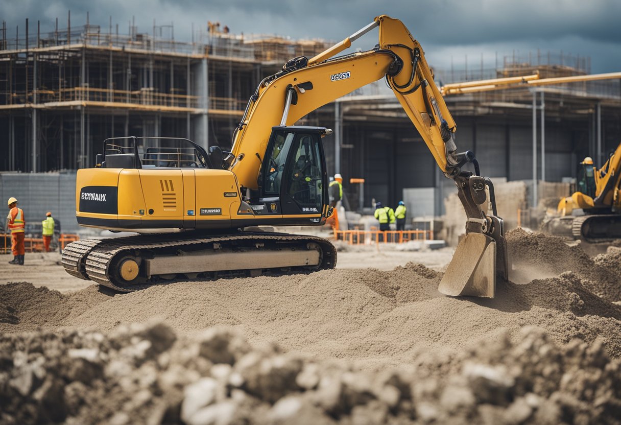 Construction site in Cornwall with workers operating heavy machinery, laying down foundations, and assembling structures. The atmosphere buzzes with productivity and teamwork