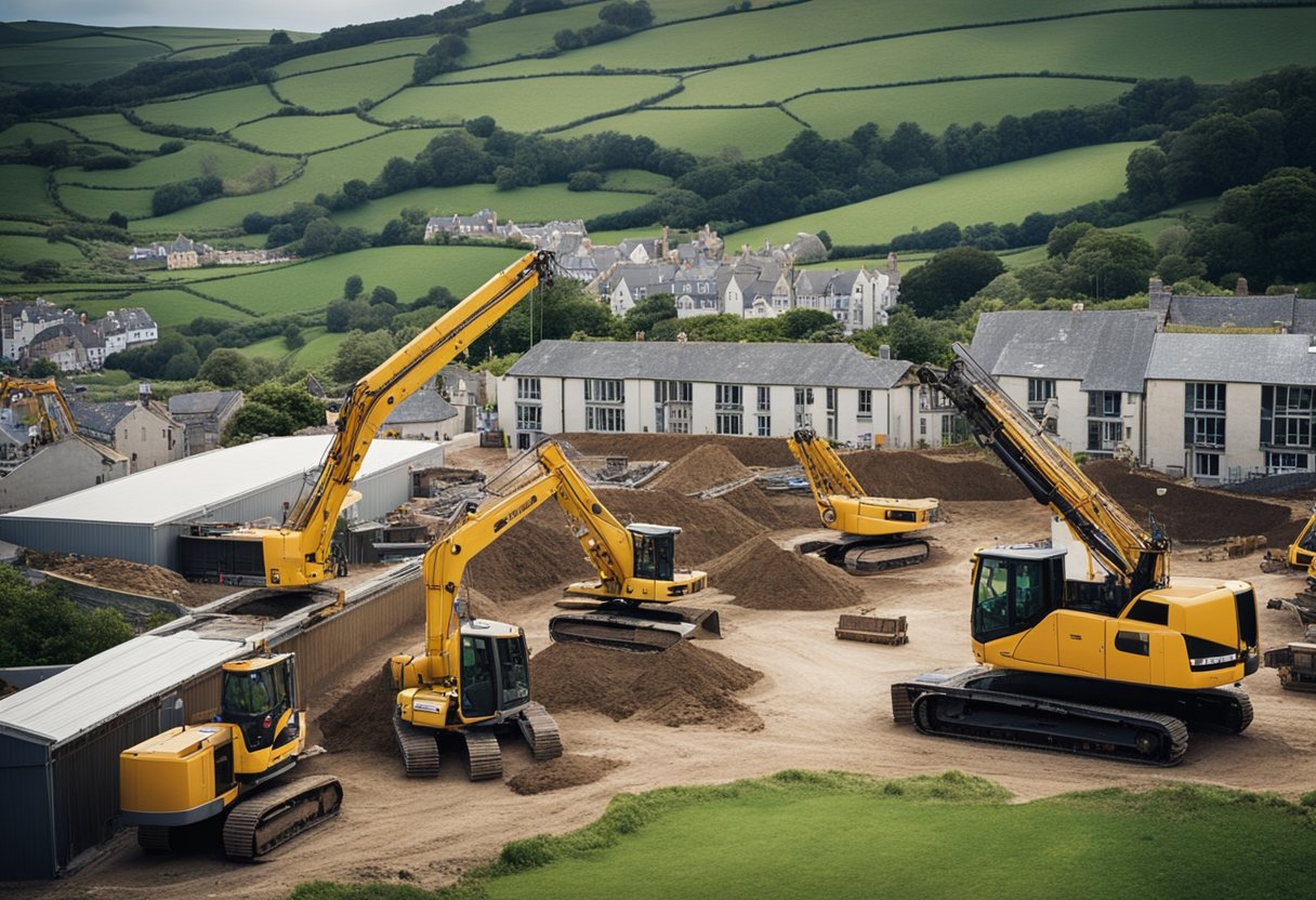 Construction site in Cornwall: Cranes lifting steel beams, workers laying bricks, and bulldozers moving earth. The backdrop of the beautiful Cornish landscape adds to the picturesque scene