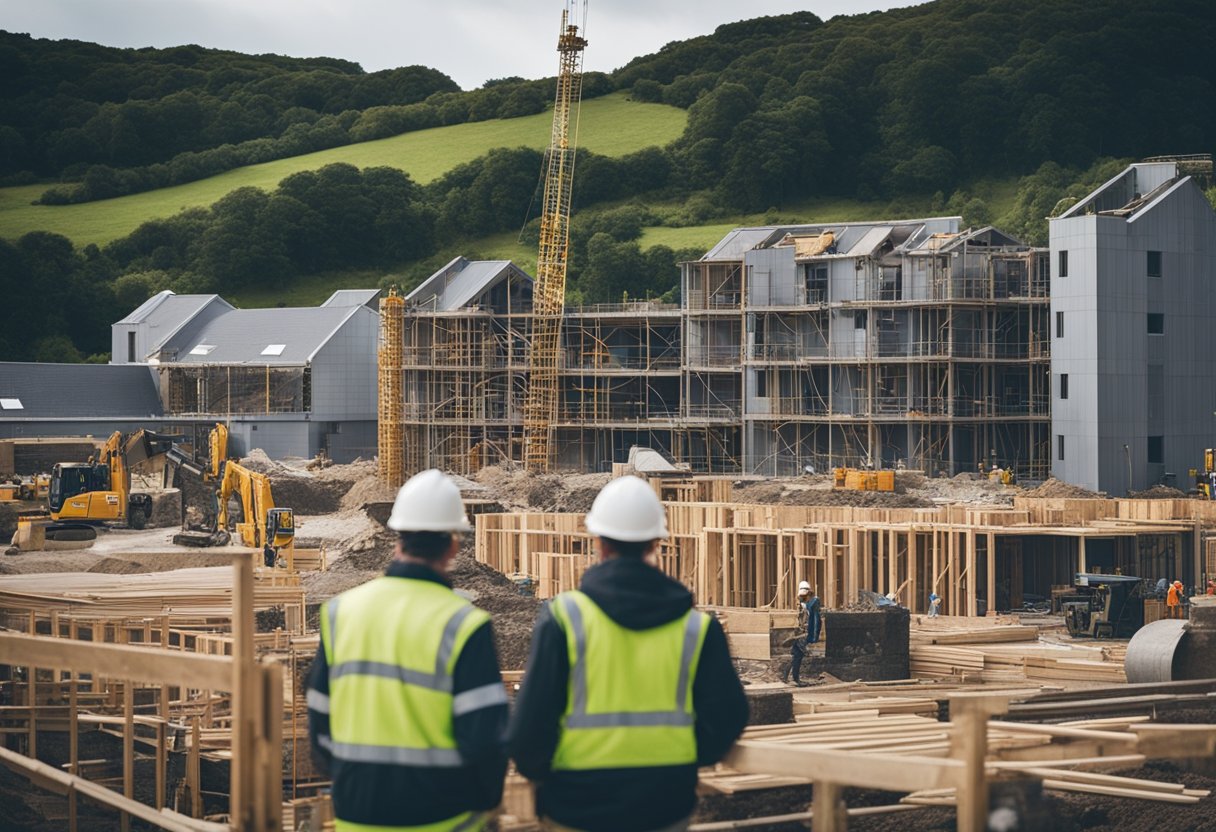 A bustling construction site in Cornwall shows workers at various stages of their careers, from apprentices to experienced professionals, working on a variety of projects