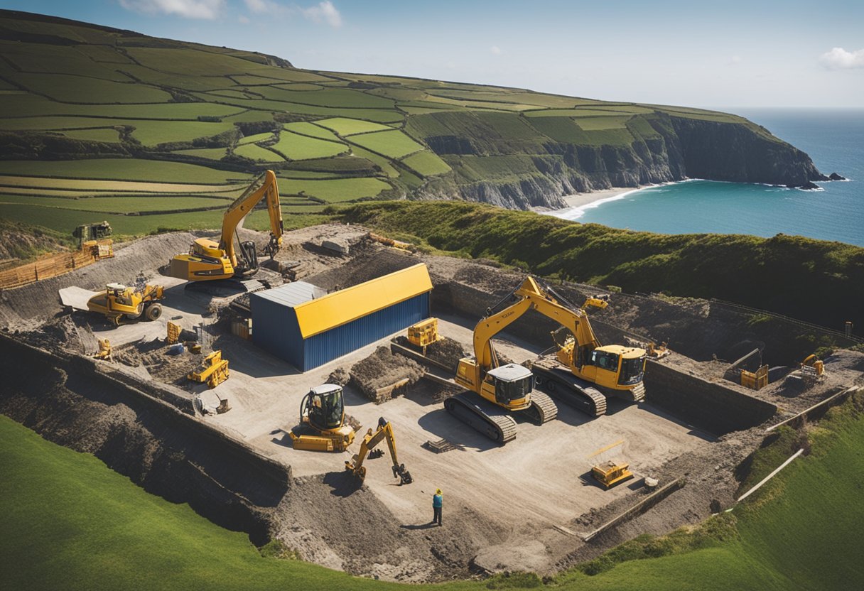 Construction site in Cornwall, with workers building new structures. Heavy machinery and tools in use. Surrounding landscape features coastal cliffs and green fields