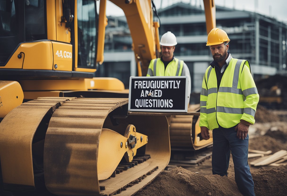 Construction equipment and workers at a Cornwall job site, with a sign reading "Frequently Asked Questions" prominently displayed