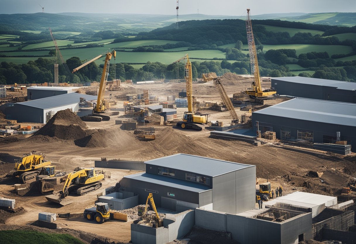 A bustling construction site in Cornwall with cranes, bulldozers, and workers building new developments and infrastructure
