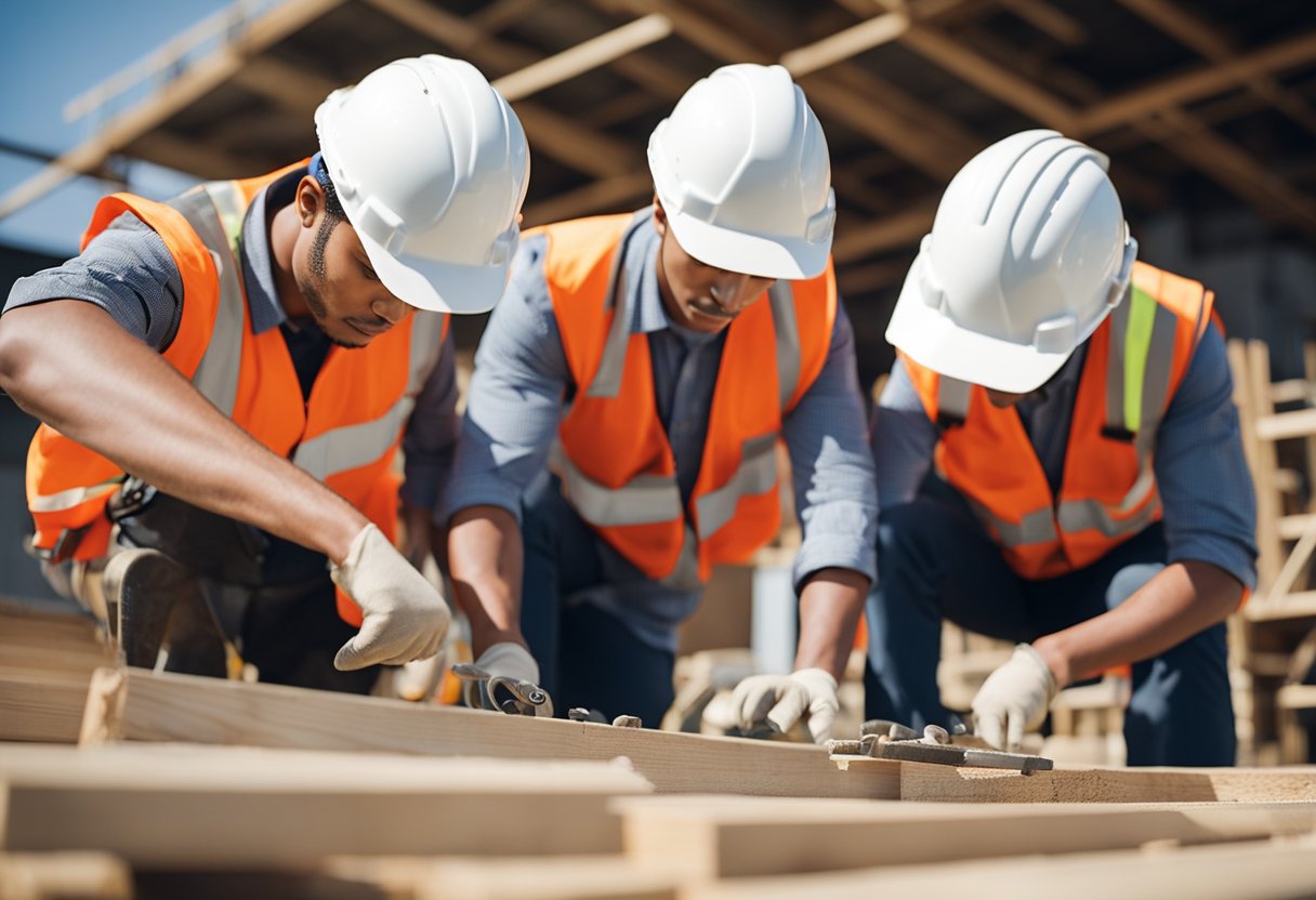 Construction trainees learning on-site skills, using tools and equipment, under supervision