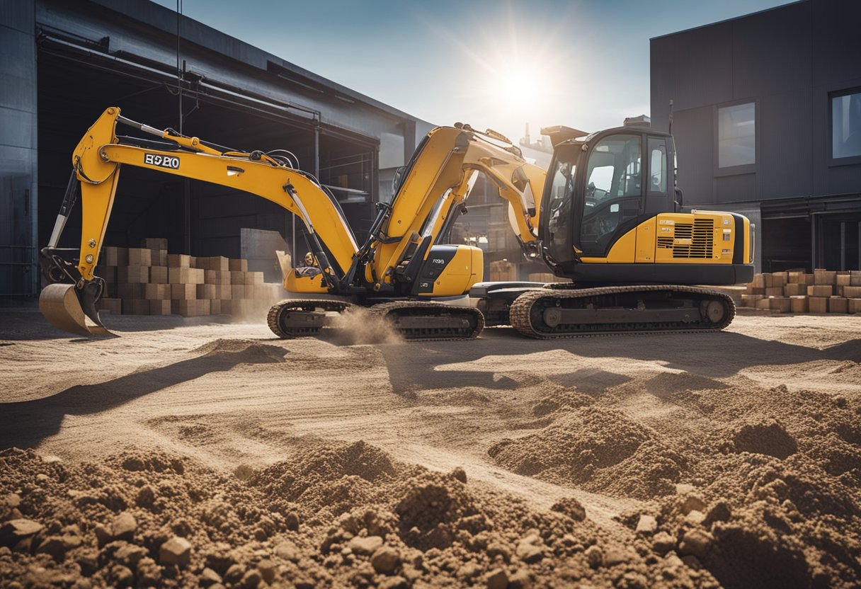 A construction site in Cornwall buzzes with activity as workers operate heavy machinery and lay down materials. The sun shines brightly overhead, casting long shadows across the site