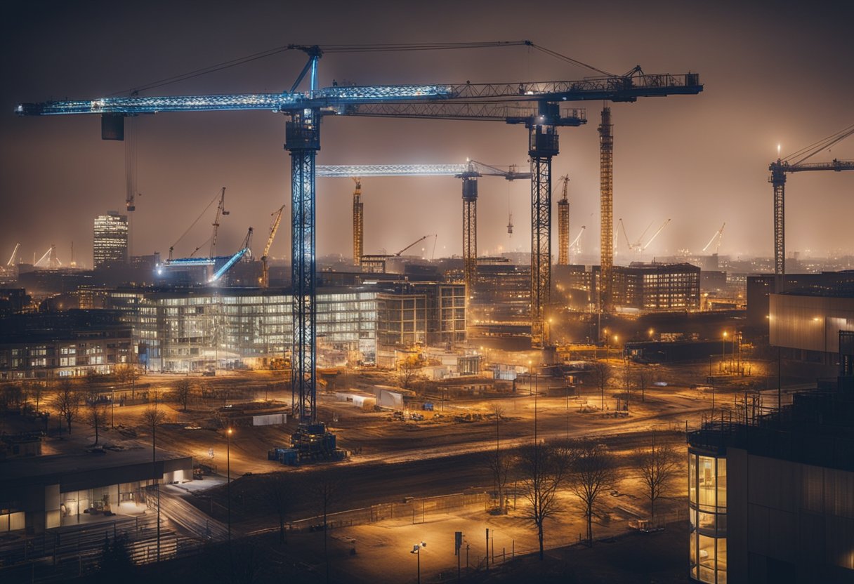 London's night construction site glows with floodlights, cranes in motion, and workers busy with heavy machinery