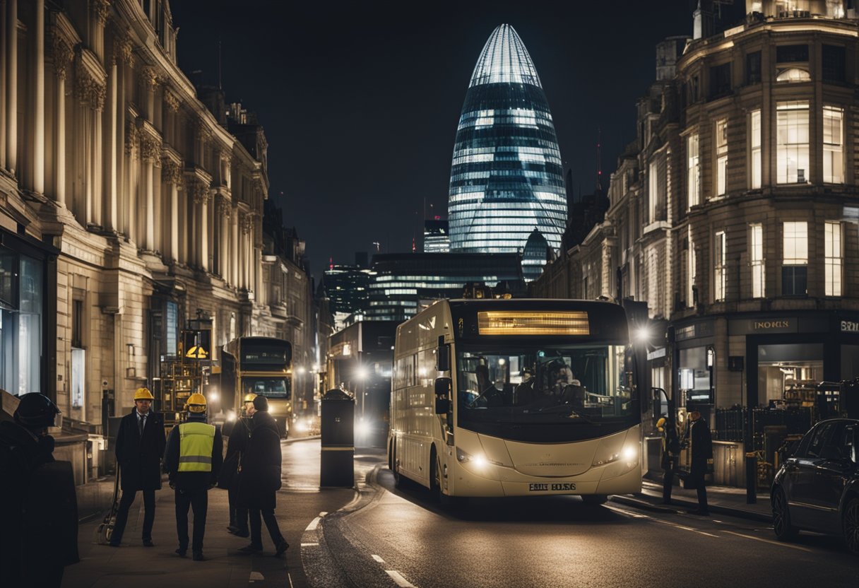 The bustling city of London at night, with construction sites illuminated by bright lights and workers busy at their tasks