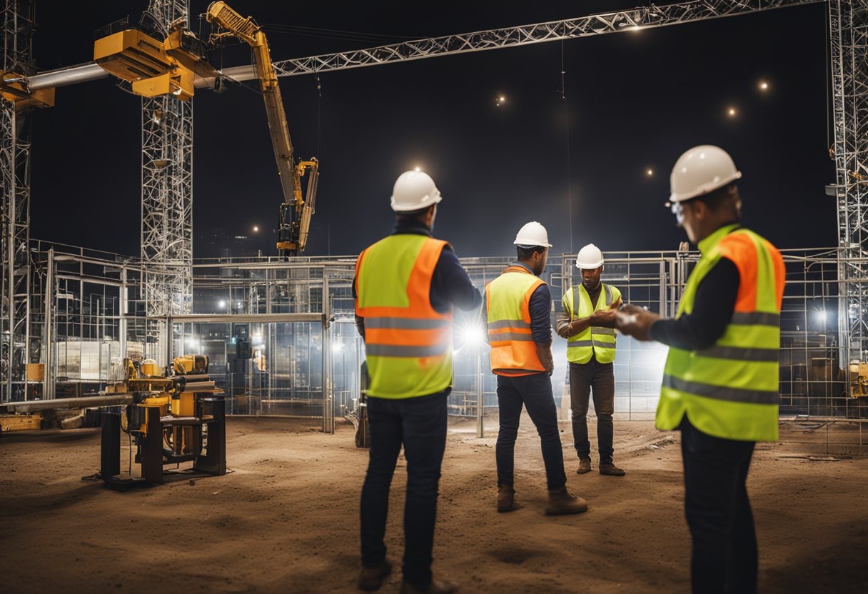 Workers setting up floodlights at a construction site in London at night