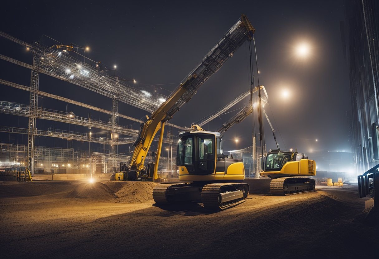 Night construction site in London: bright floodlights illuminate workers operating heavy machinery, laying asphalt, and erecting structures under the starry sky