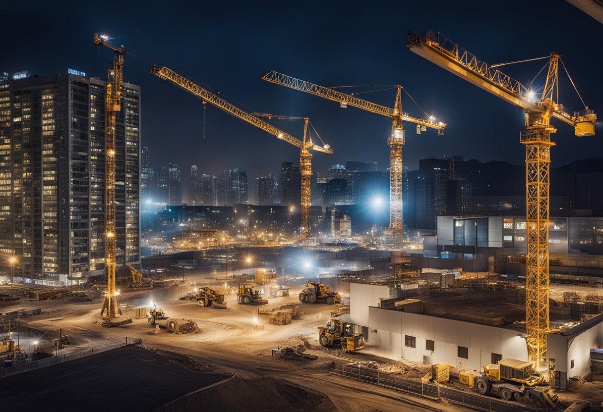 A bustling construction site at night, with cranes lifting materials, workers operating heavy machinery, and bright lights illuminating the area