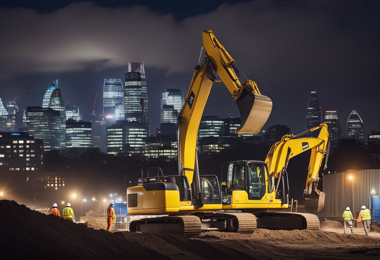 Workers operate heavy machinery under bright floodlights at a construction site in London, creating a bustling scene with the city skyline in the background
