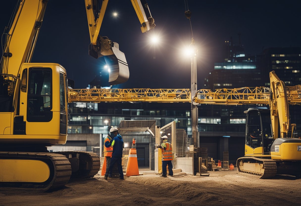 Construction site at night in London, with workers using heavy machinery and bright lights. Signs with "Frequently Asked Questions" posted around the site