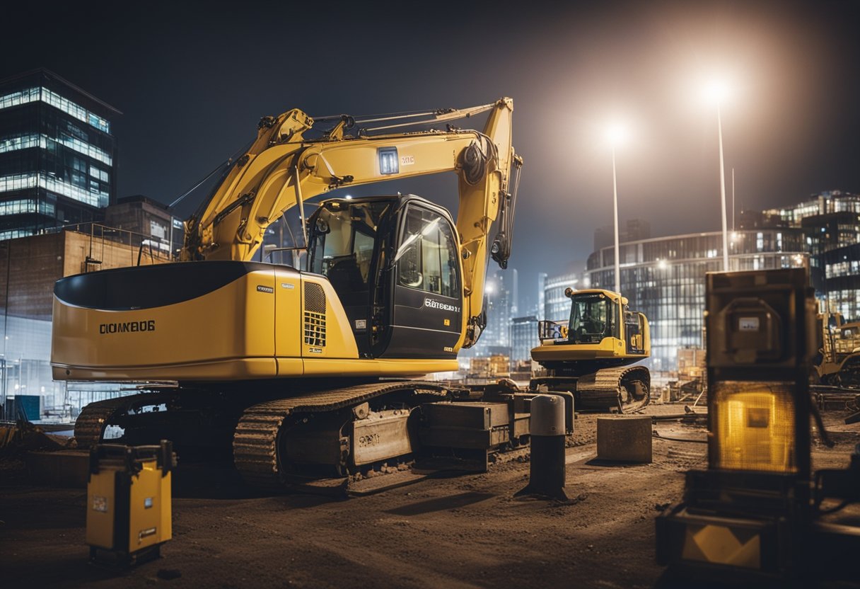 A bustling construction site in London at night, with bright lights illuminating workers and heavy machinery as they tackle challenging projects