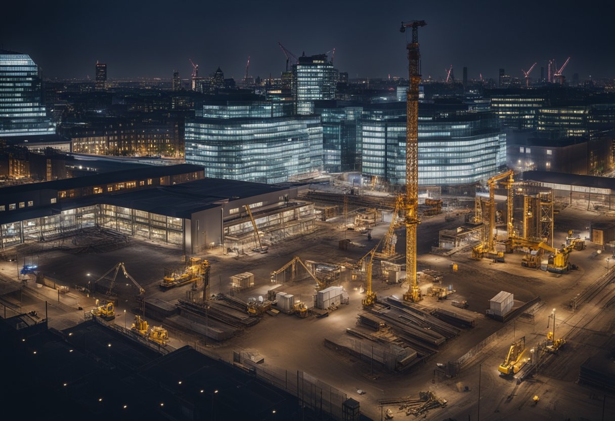 Construction site at night in London, with workers following key legislation and regulations. Bright lights illuminate the area, and heavy machinery is in operation