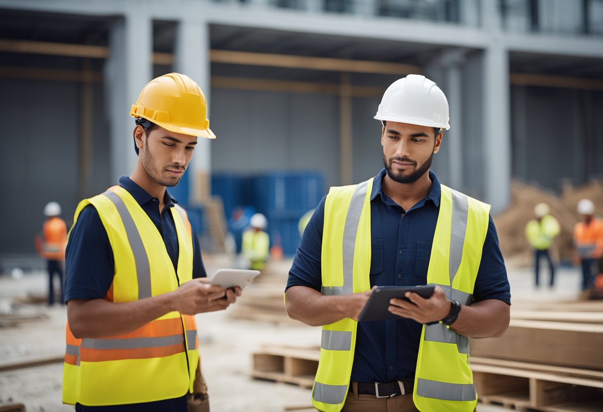 A group of trainee construction workers learning and practicing new skills on a job site, with experienced professionals guiding their progress