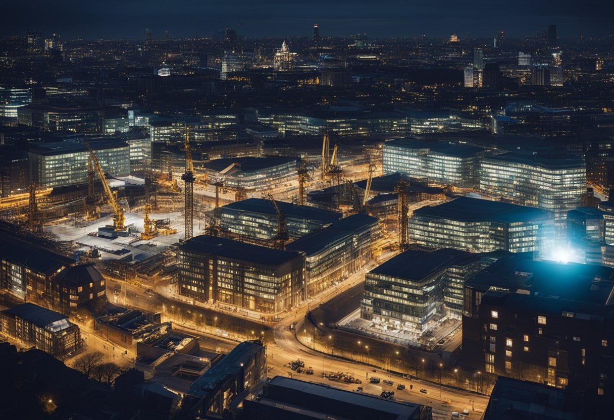A bustling night scene in London, with construction sites illuminated by bright lights, cranes in motion, and workers busy at various tasks, showcasing the opportunities for advancement in the construction industry