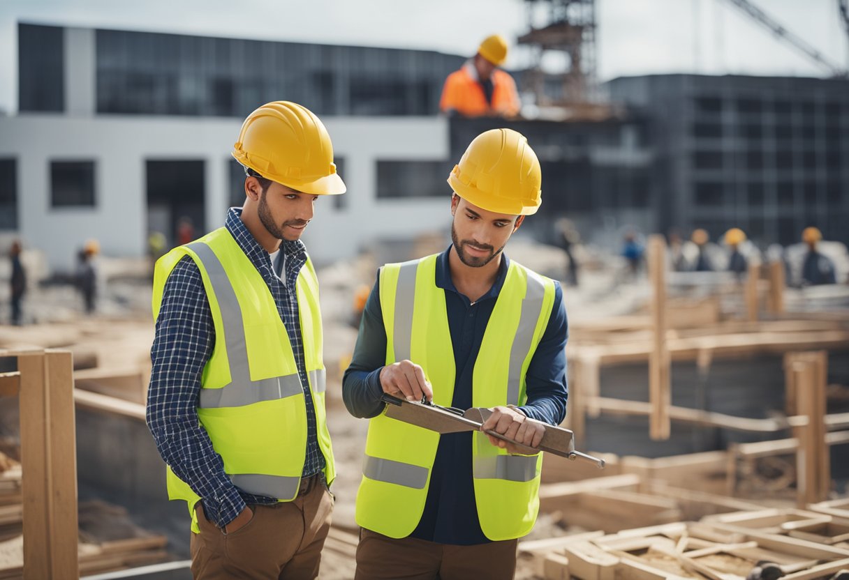 A group of trainee construction workers learning to use tools and equipment at a building site