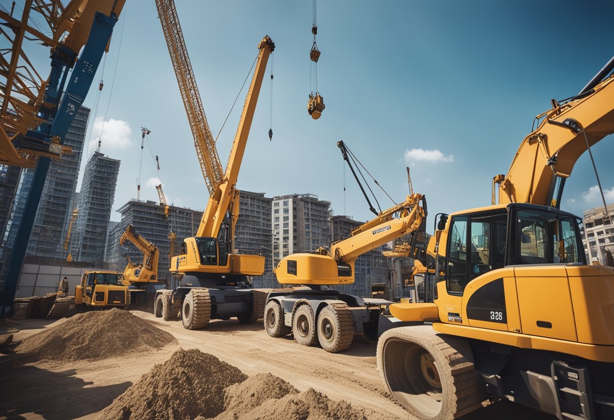 Construction sites bustling with trainees learning various skills. Cranes lift materials while workers lay foundations. Trucks come and go, creating a vibrant atmosphere