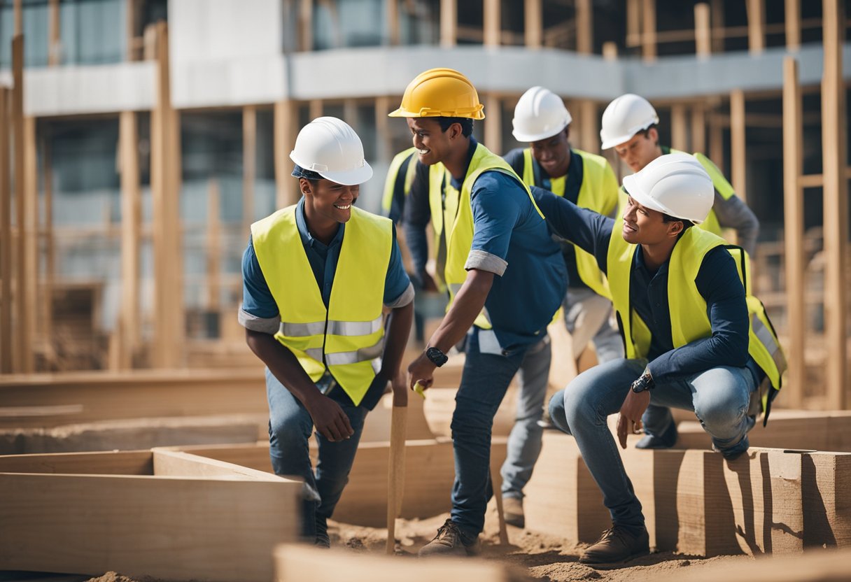 A group of trainees working on construction sites, learning and practicing various tasks under the guidance of experienced mentors