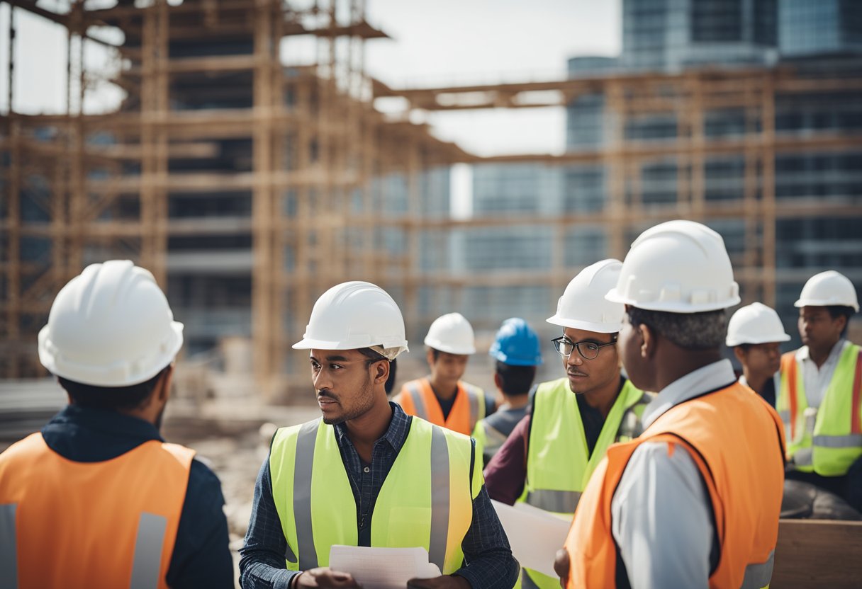 Construction site with diverse workers, visa sponsorship signage, and immigration paperwork