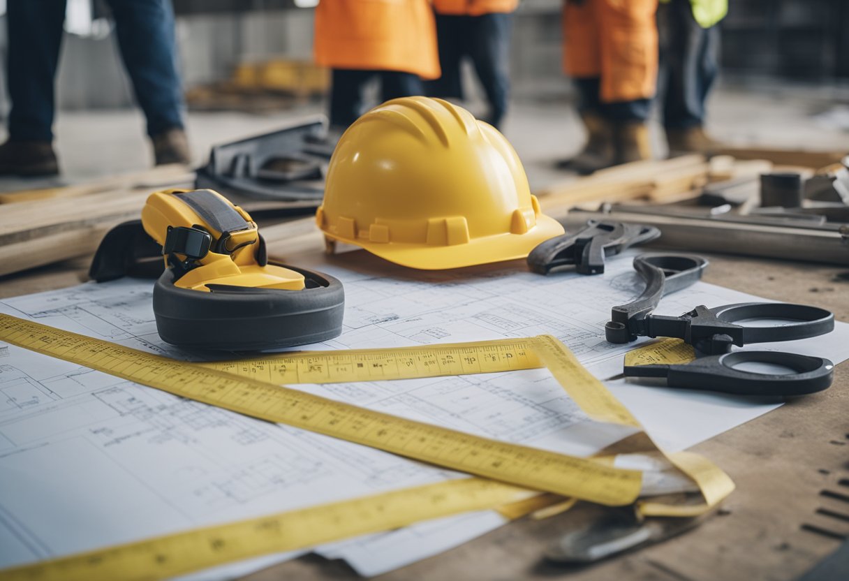 Construction site with various tools, equipment, and safety gear. Workers in hard hats and high visibility clothing. Blueprints and plans